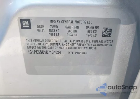 2012 Chevrolet Cruze Lt from USA, damaged, VIN 1G1PE5SC1C7134024